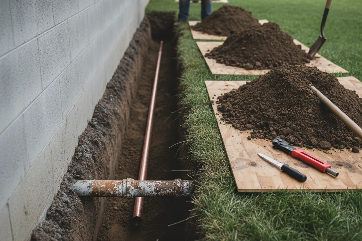 Excavated water line trench during Sewer Line Repair in Gloverville